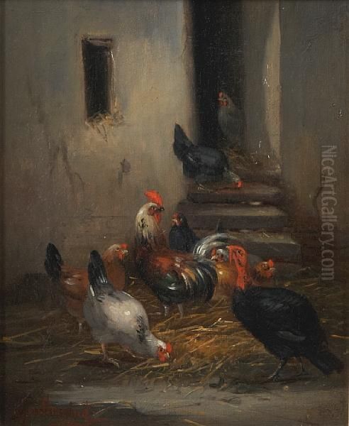 Roosters And A Turkey In A Farmyard - view 1