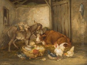Ane, Vache Et Poules Dans Une Etable by Claude Guilleminet