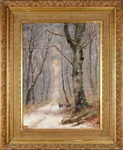 Chevreuil Et Sa Femelle Dans Un Sous-bois Enneige by Alexandre-Charles Guillemot