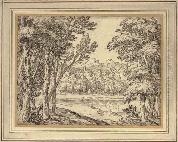 A Landscape With A Castle And Water Seen Between Trees - view 1