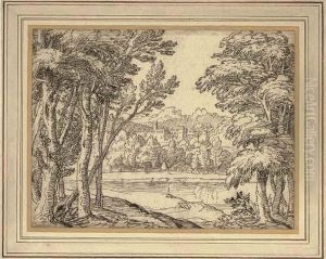 A Landscape With A Castle And Water Seen Between Trees by X. Guillerot