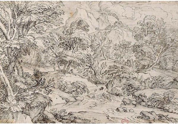 Mountainous River Landscape With Trees - view 1
