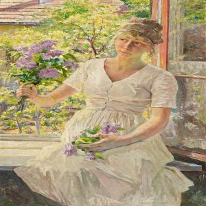 Young Girlwith Lilacs Sitting On The Windowsill by Franz Paul Guillery