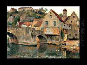 Hauserpartie Und Steinbrucke An Einem Fluss by Franz Paul Guillery