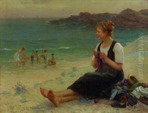 Jeune Mere Surveillant La Baignade De Ses Enfants. by Alfred Guillou