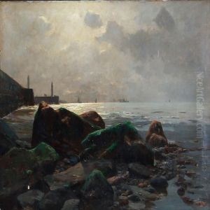 Coastal Scene With A View To A Harbour by Erwin Carl Wilhelm Gunther