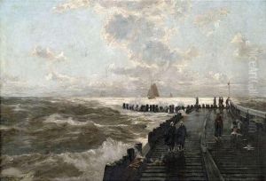 On A Jetty At Rough Seaunder Cloudy Sky