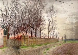 Feldlandschaft Mit Gebaudemauer In Der Abendrote by Paul Gunther