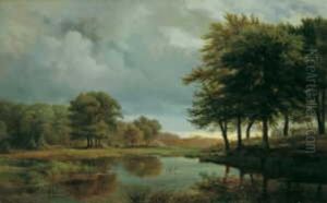 Bewaldete Landschaft Mit Rehen An Einem Gewasser