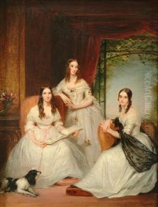 Group Portrait Ofthree Sisters, Said To Be Relations Of Lord Cobham Of Cobham Hall,kent Full Length Seated In A Drawing Room Interior