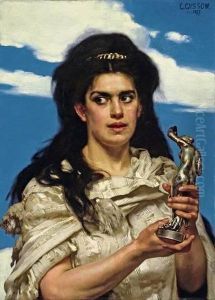 Frau Vor Blauem Himmel, Eine Bronze-figur Haltend by Karl Gussow