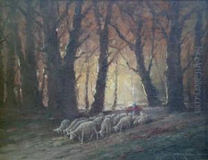 Shepherdess With Her Flock by Guyla Nemeth Gutahazy