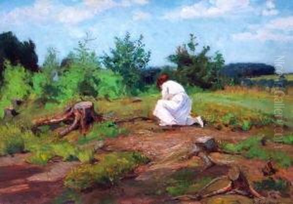 Kniende Frau In Weisem Kleid In Baumbestandener Landschaft - view 1