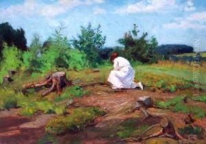 Kniende Frau In Weisem Kleid In Baumbestandener Landschaft by Richard Gutschmidt
