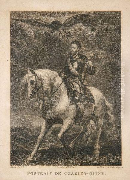 Heinrich, "portrait De Charles Quint", Incisione, Da Un Disegnodi J. B. Wicar Che A Sua Volta Si E Ispirato Ad Un Dipinto Divandyck, Roma, 1790, Mm. 280x225, In Cornice Di Legnointagliato - view 1