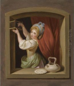 A Young Girl At The Window, Placing A Goldfinch In A Cage by Ludwig Guttenbrunn