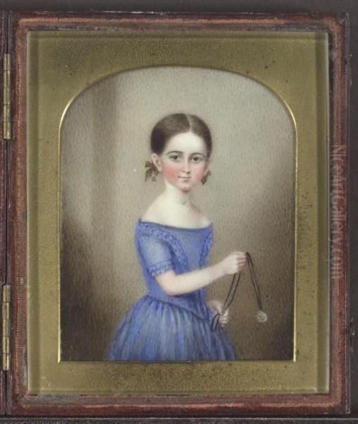 A Miniature Portrait Of A Girl In A Blue Dress Holding A Necklace With A Medallion - view 1