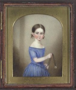 A Miniature Portrait Of A Girl In A Blue Dress Holding A Necklace With A Medallion