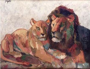 < Lion Et Lionne Couchees >. by Georges Guyon