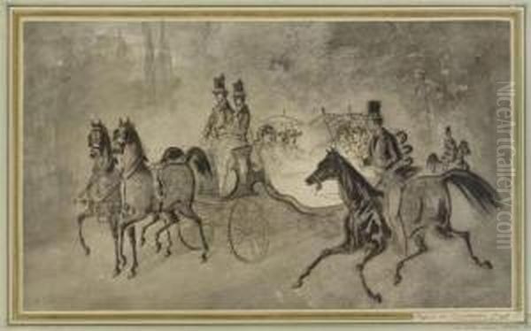 Caleche Ouverte,elegantes Et Homme A Cheval - view 1