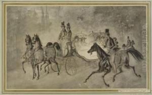 Caleche Ouverte,elegantes Et Homme A Cheval by Constantin Guys