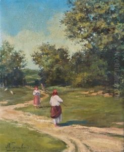 Zwei Baurinnen Bei Der Arbeit by Mikhail Markelovich Guzhavin