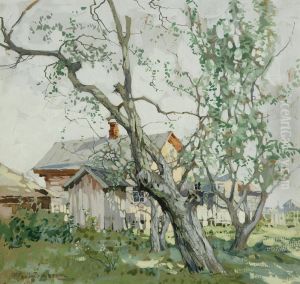 Sunlit Trees In A Backyard by Mikhail Markelovich Guzhavin