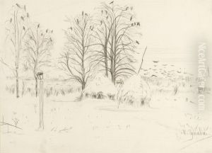 Winter Landscape, Trees And Haystacks by Mikhail Markelovich Guzhavin