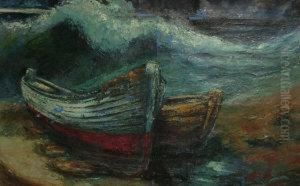 Mid-late 20th Century- Beached Vessel On A Shore by M. Guzman