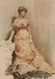 Full Length Portrait Of A Young Woman Wearing A Floral Trimmed Ball Gown by Sebastiano Guzzone