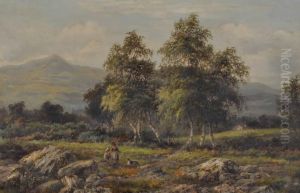 Extensive Welsh Landscape With Figures And Dog by Albert E. Gyngell