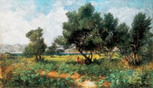 Waterside Landscape With A Sailing Boat In The Background by Leo Gyorok