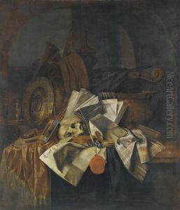 A Vanitas Still Life With A Skull, A Shield, An Hour Glass, Books And Papers On A Tabletop by Franciscus Gysbrechts