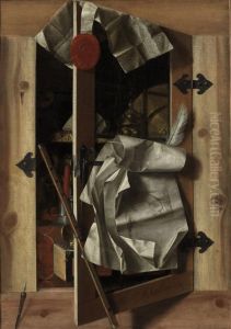 A Trompe L'oeil Still Life With Objects In A Cupboard A Trompe L'oeil Still Life With Objects In A Cupboard