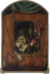 A 
Trompe L'oeil
 With A Painting Of A Vanitas Still Life With A Skull, A Silver Gilt Chalice, A Candlestick, A Flute, Documents And Other Objects Standing On A Wooden Ledge With Paint-brushes, A Palette And Other Painting Utensils