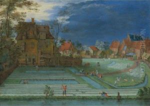 A Town With Figures Working In Bleaching Fields In Theforeground by Pieter Gysels