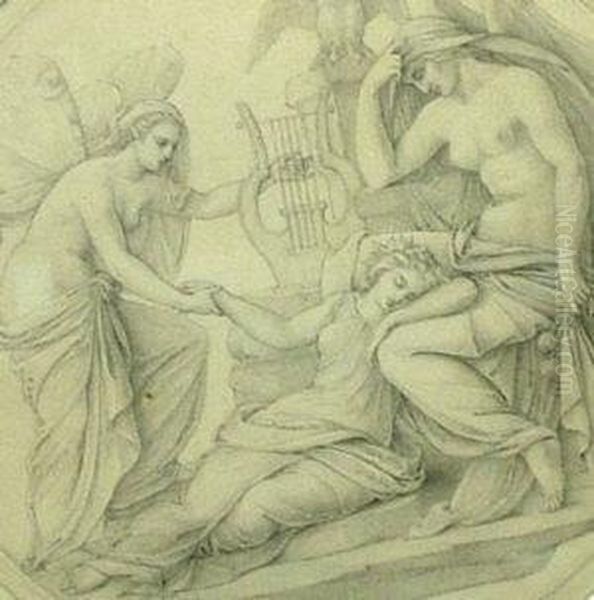 Three Classical Figures With A Harp - view 1