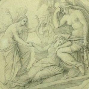 Three Classical Figures With A Harp by Nicholas Gysis