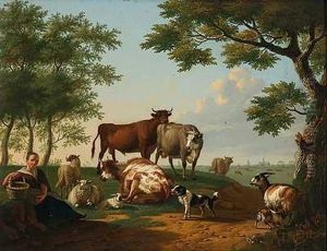 Rastende Bauerin Mit Vieh Am Weg by Jean-Paul Haag