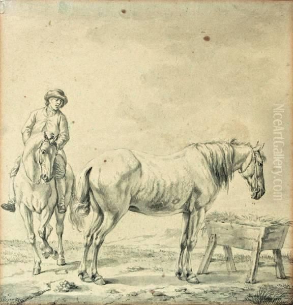 Ruiter Te Paard Met Werkpaard Bij Voederbak - view 1