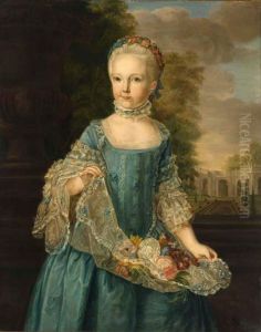A Portrait Of Adriana Petronella Gravin Van Nassau Woudenberg (1757-1789), Aged 8, Standing Three-quarter Length, Wearing A Blue Dress With White Lace Cuffs, Holding Flowers In Her Apron, In A Landscape