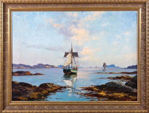 Ship At Harbour Near The Open Sea by Lars Laurits Larsen Haaland