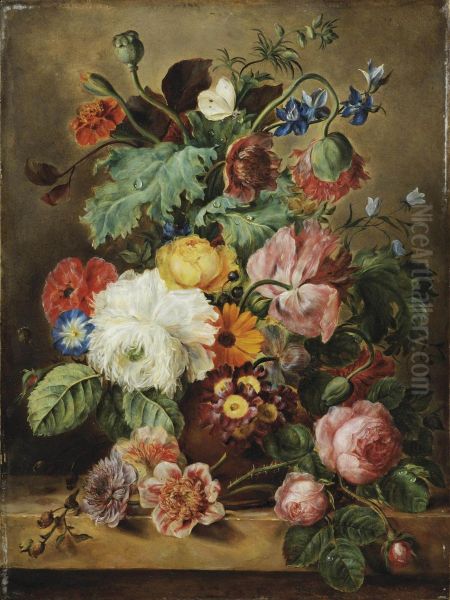 Roses, Poppies, Marigolds And Other Flowers In A Earthenware Vase - view 1