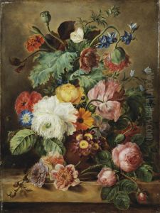 Roses, Poppies, Marigolds And Other Flowers In A Earthenware Vase