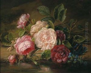 Roses And Forget-me-nots On The Banks Of A Stream by Adriana-Johanna Haanen
