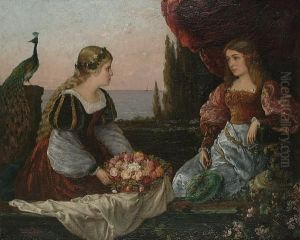 Two Beautiful Girls On A Terrace By The Sea by Gaston Haas