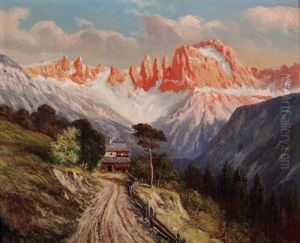 Bergbauernhof Mit Gebirgskette by Ludwig Haase