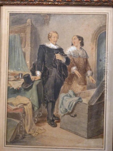 Interieur, Ein Herr Und Eine Dame, Vor Einer Geoffneten Reisetruhe Stehend - view 1