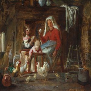 Interior With Italianwoman And Children Playing With Chickens by Nikolai Habbe