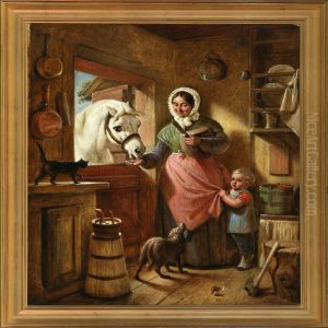 Scullery With Mother And Child Feeding A Horse by Nikolai Habbe